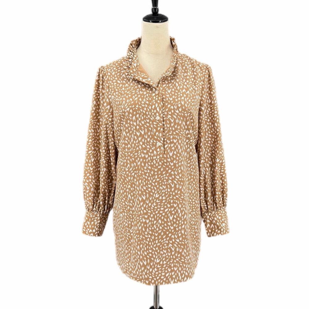 Preston & York Tan White Abstract Print Ruffle Boho Long Sleeve Mini Tunic Dress
